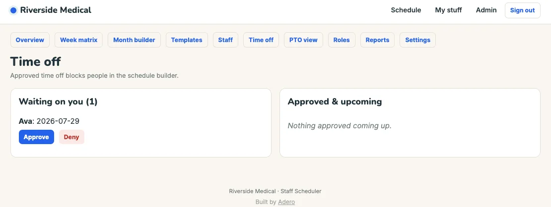 The time off view in Adero Shifts: requests waiting on approval and approved upcoming time off