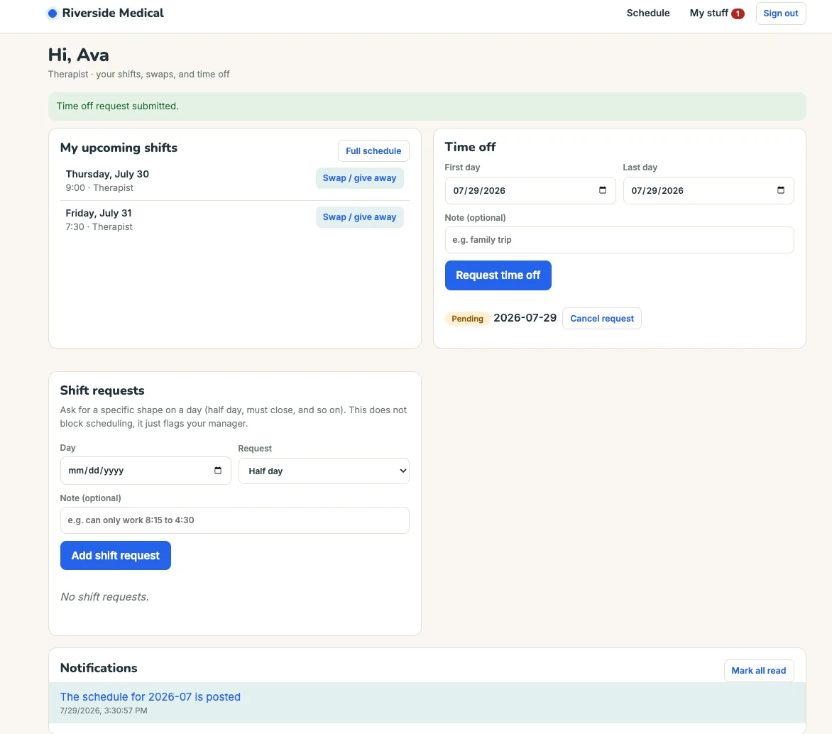 A staff member's own view in Adero Shifts: upcoming shifts with swap options, a time off request form, and notifications